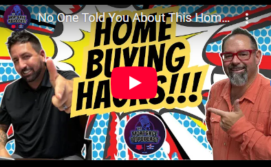 Two men in front of a comic-style backdrop. Title: Home Buying Hacks. One points, the other gives a thumbs-up.