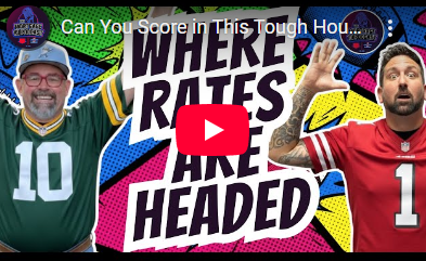 Two men in football jerseys discuss interest rates. Bright pop art backdrop.