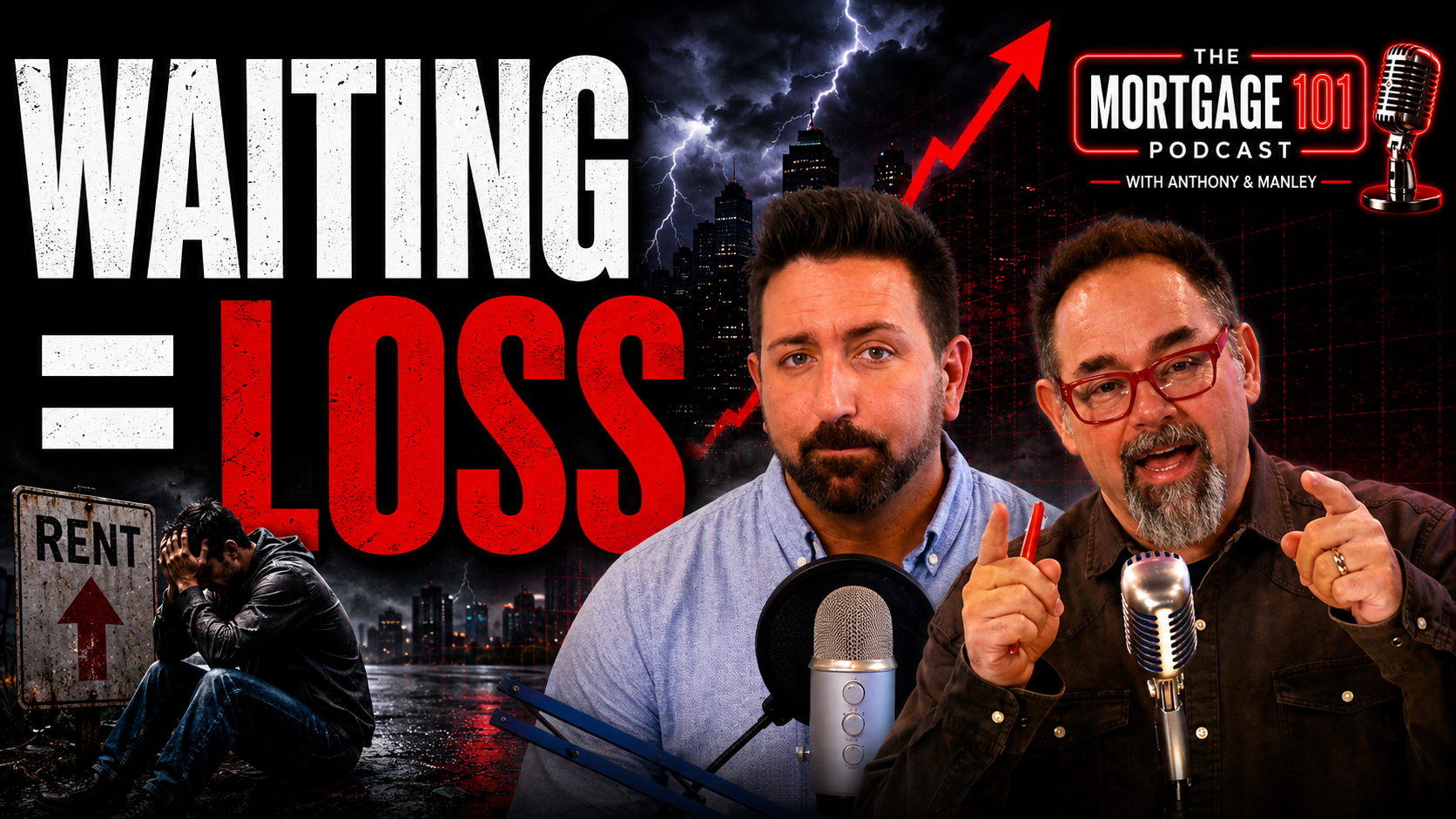 Podcast thumbnail with “WAITING = LOSS,” two men at microphones, and a rising red arrow over a black background