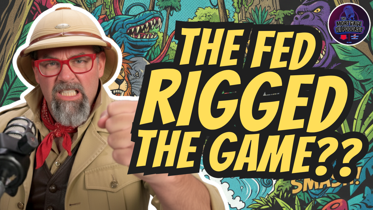 Man in safari attire gestures angrily toward text: 