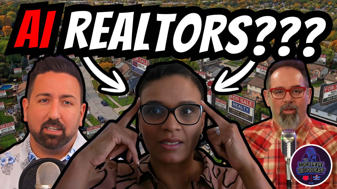 Three people pose in front of a real estate background with the text 