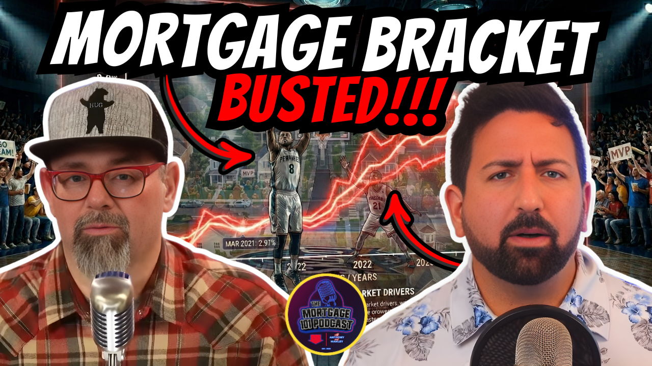 Two men podcasting in front of a background graphic of a basketball player shooting over a rising red mortgage trend line.