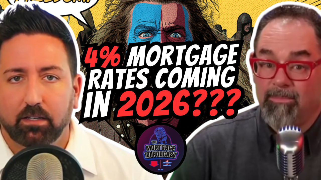 Two men discuss mortgage rates, overlaid by a stylized Braveheart graphic and text: 