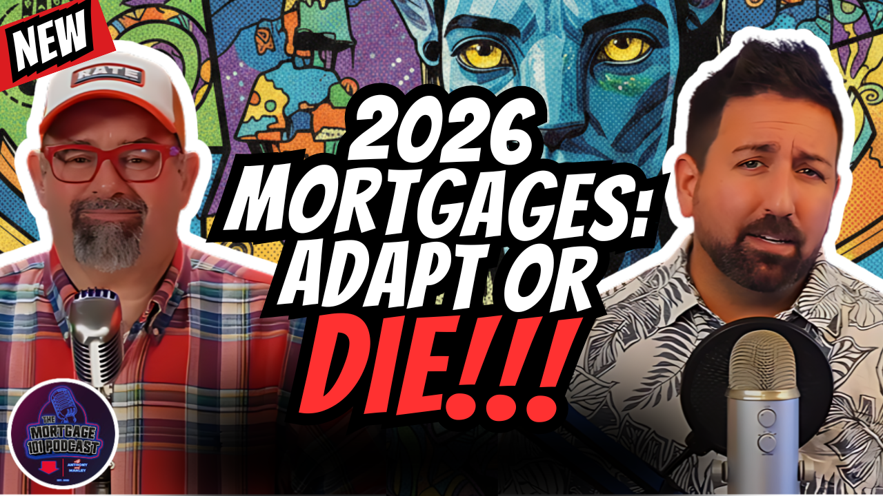 Two men with mics discuss mortgages. Avatar art in the background. Bold title: 