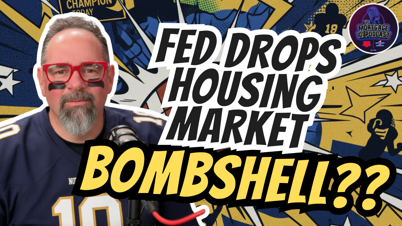 Man in glasses, football jersey, discussing housing market bombshell with graphic overlay.