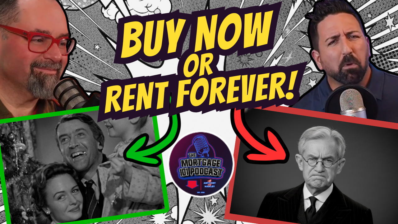 Podcast promo with two men, film stills, and text 