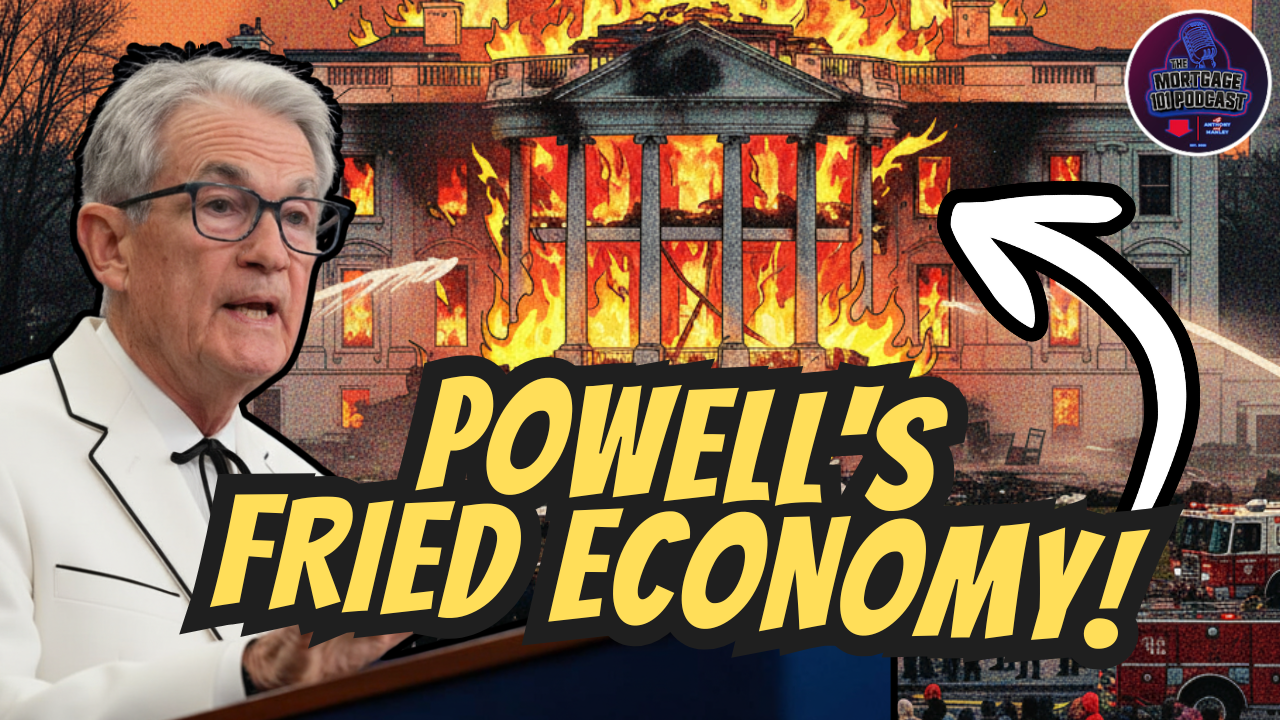 Jerome Powell speaking with burning White House background: 