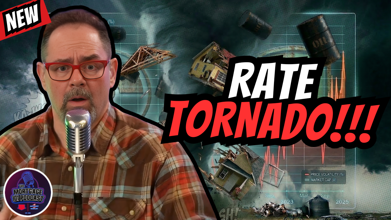 A man in a plaid shirt speaks into a microphone before a background depicting a tornado destroying structures.