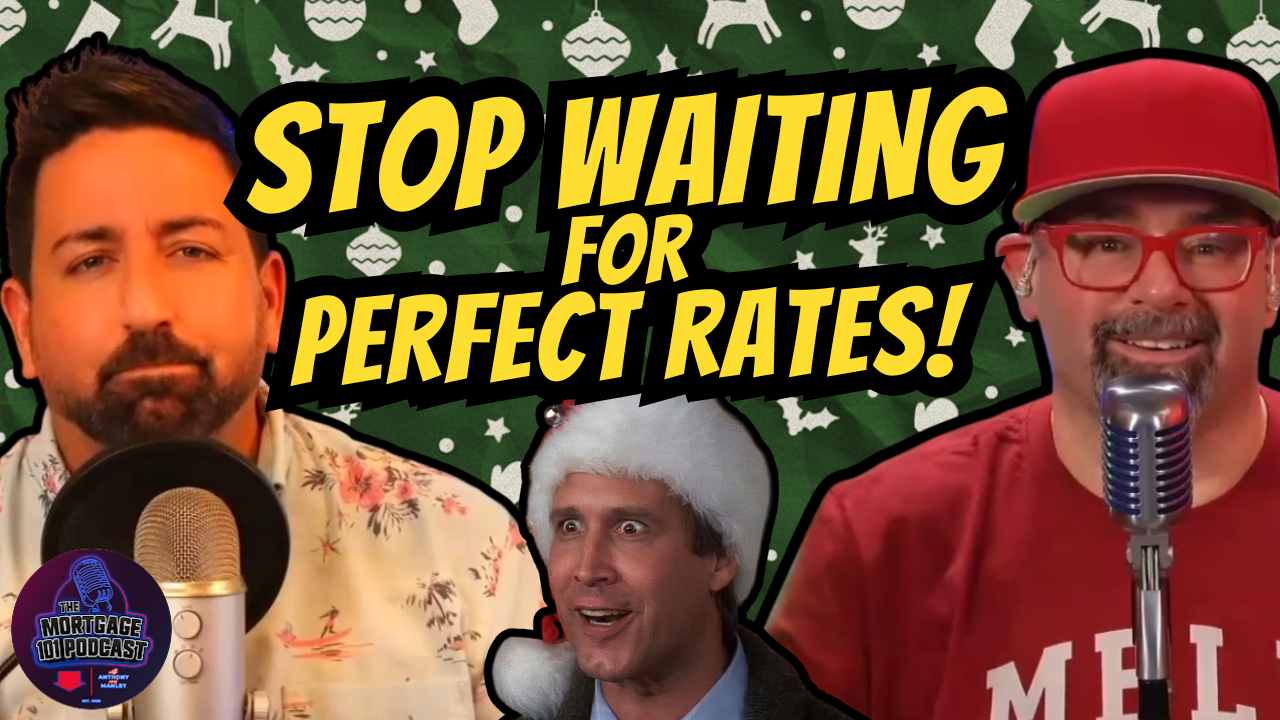 Podcast hosts in front of microphones with text 