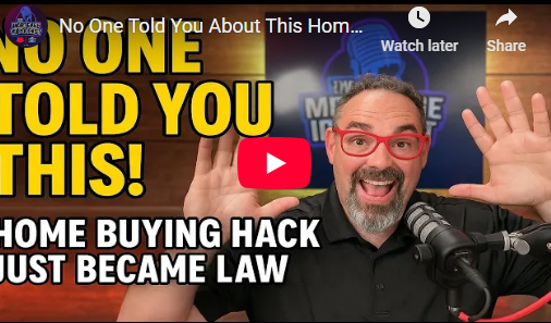 A YouTube thumbnail for a Mortgage 101 podcast episode featuring a man with glasses and a beard, smi