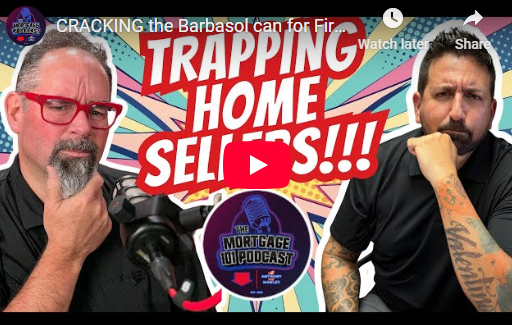 Two men in a podcast, discussing trapping home sellers. One wears glasses, the other has arm tattoos.