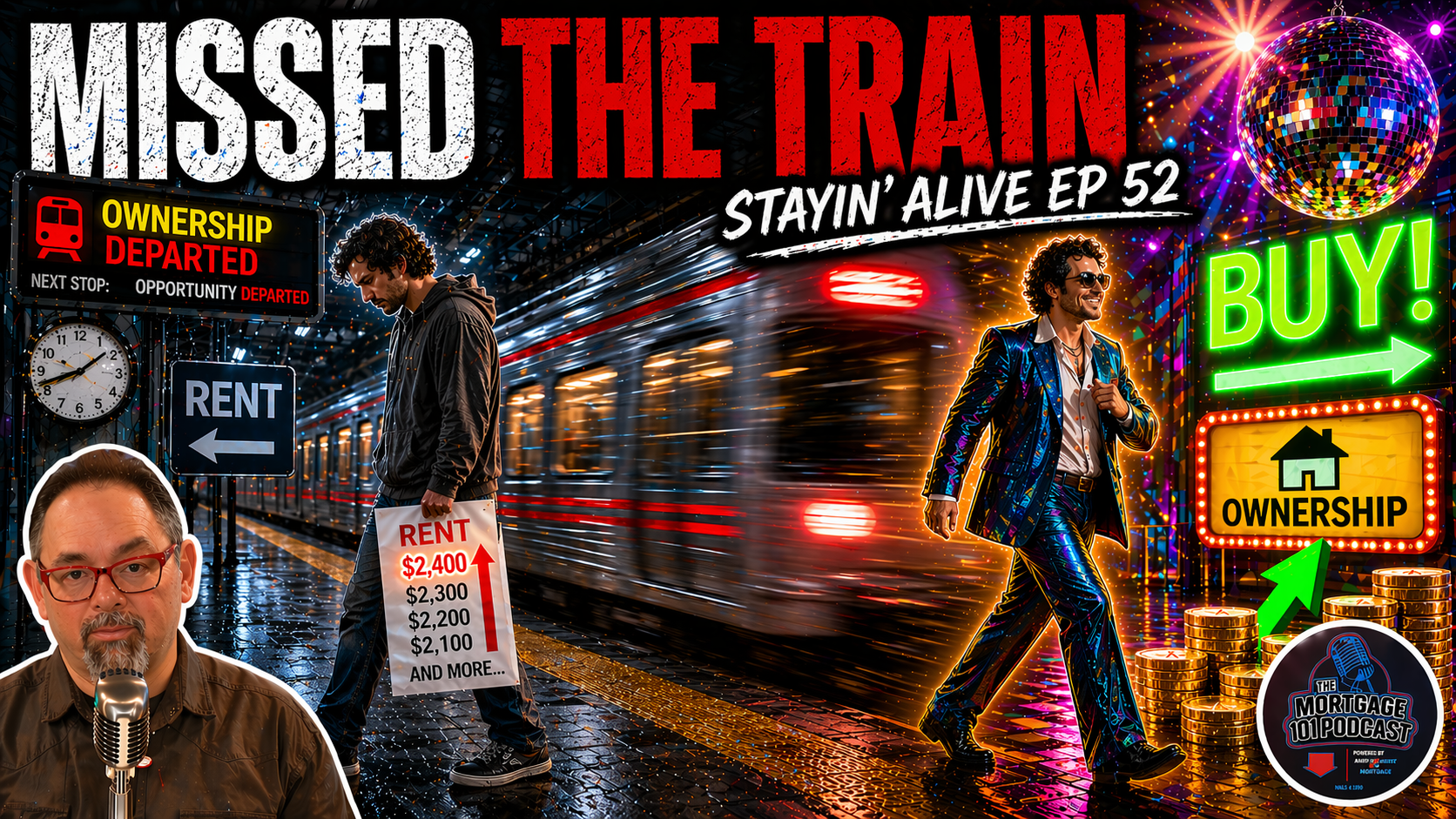 Thumbnail with “MISSED THE TRAIN” text, a man, a moving train at a wet station, and bright buy/ownership signs