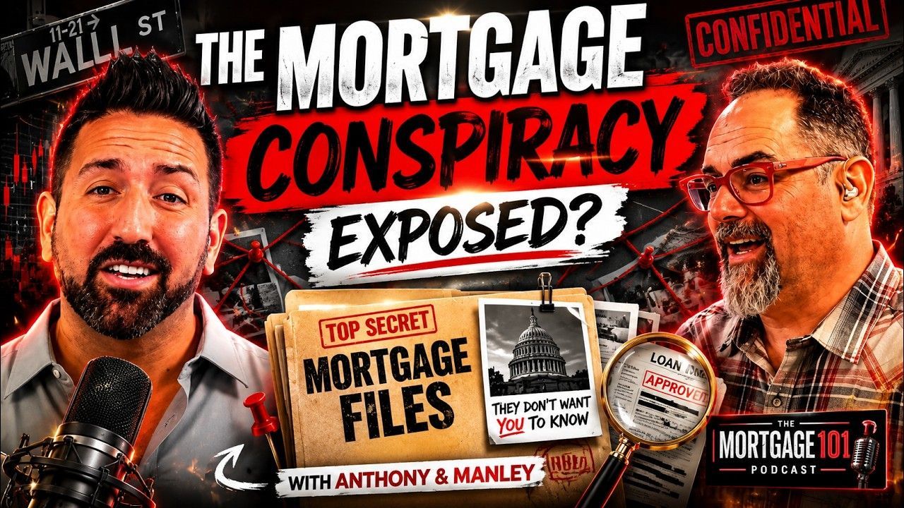 Podcast thumbnail with two men, microphones, and bold text: “THE MORTGAGE CONSPIRACY EXPOSED?”