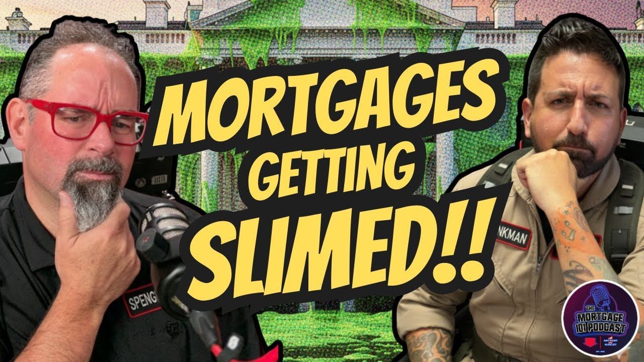 Two men with serious expressions in front of a green-covered building. The text reads: