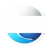 Logo for LANTRIPIOS, with blue and gray lettering, text and shapes.