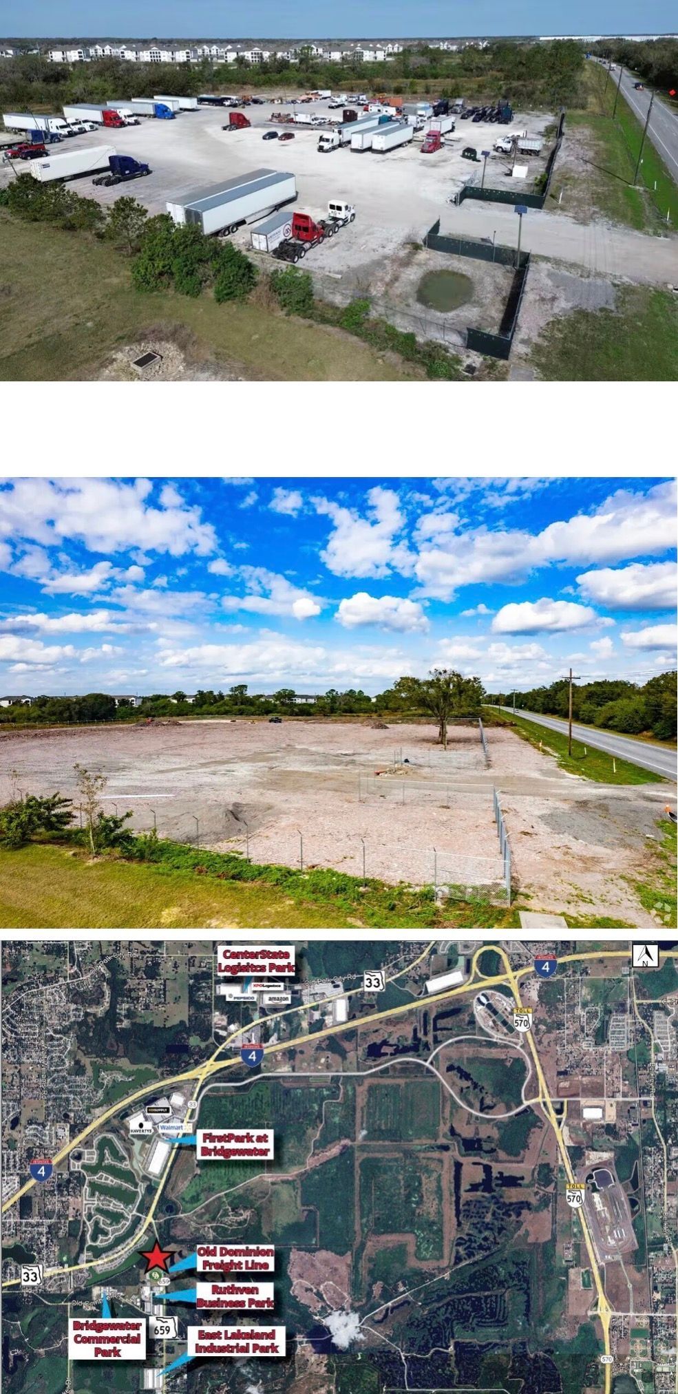Aerial views of a parking lot, empty land, and a map showing location.