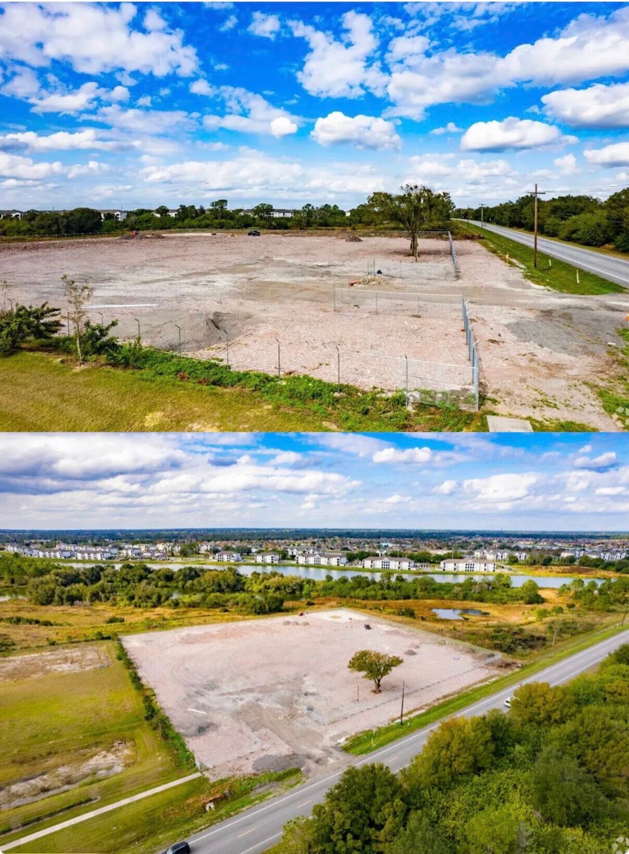 Two aerial views of a cleared lot with a single tree, under a bright blue sky with scattered clouds.