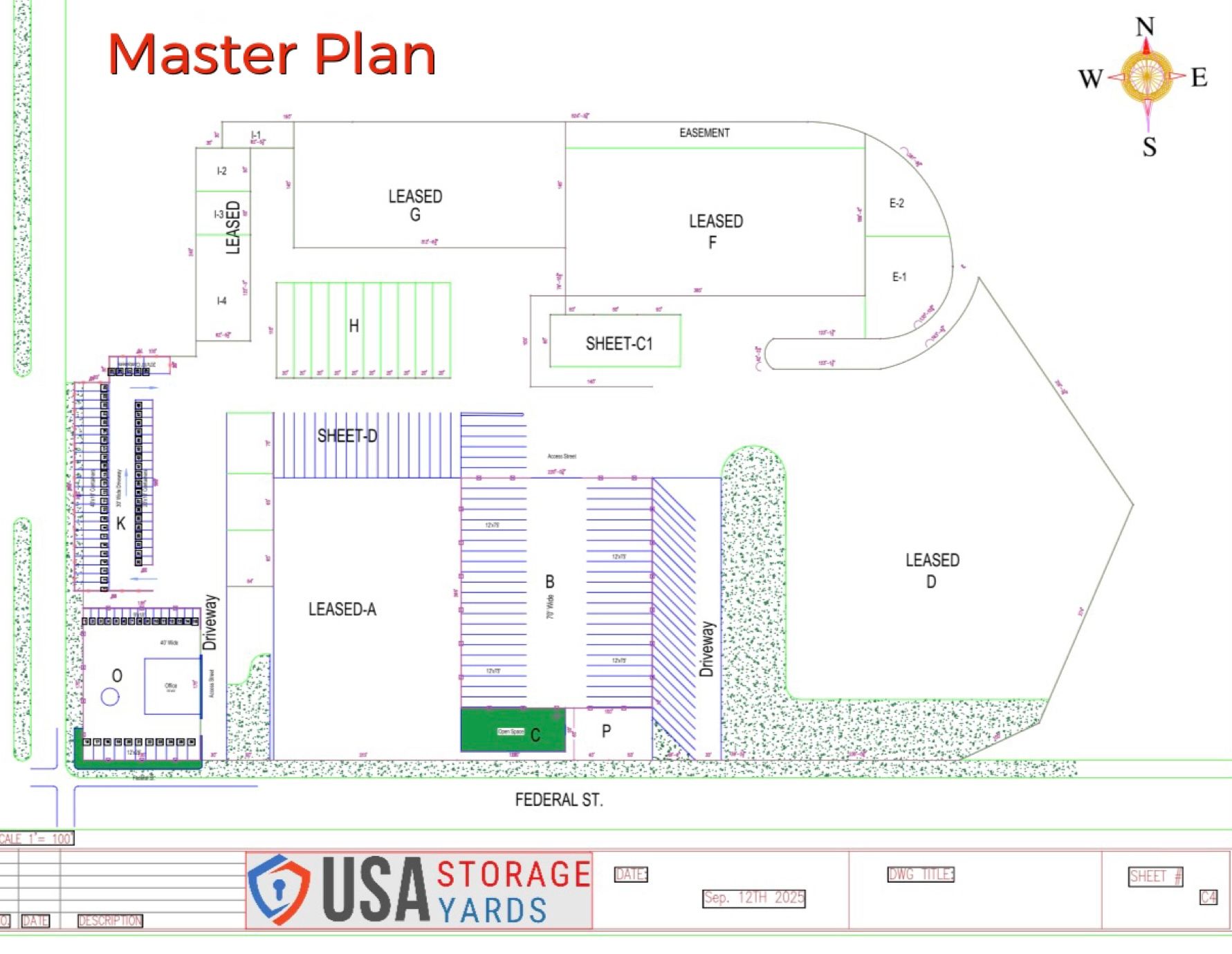 Master plan for USA Storage Yards; layout of storage units and parking areas.