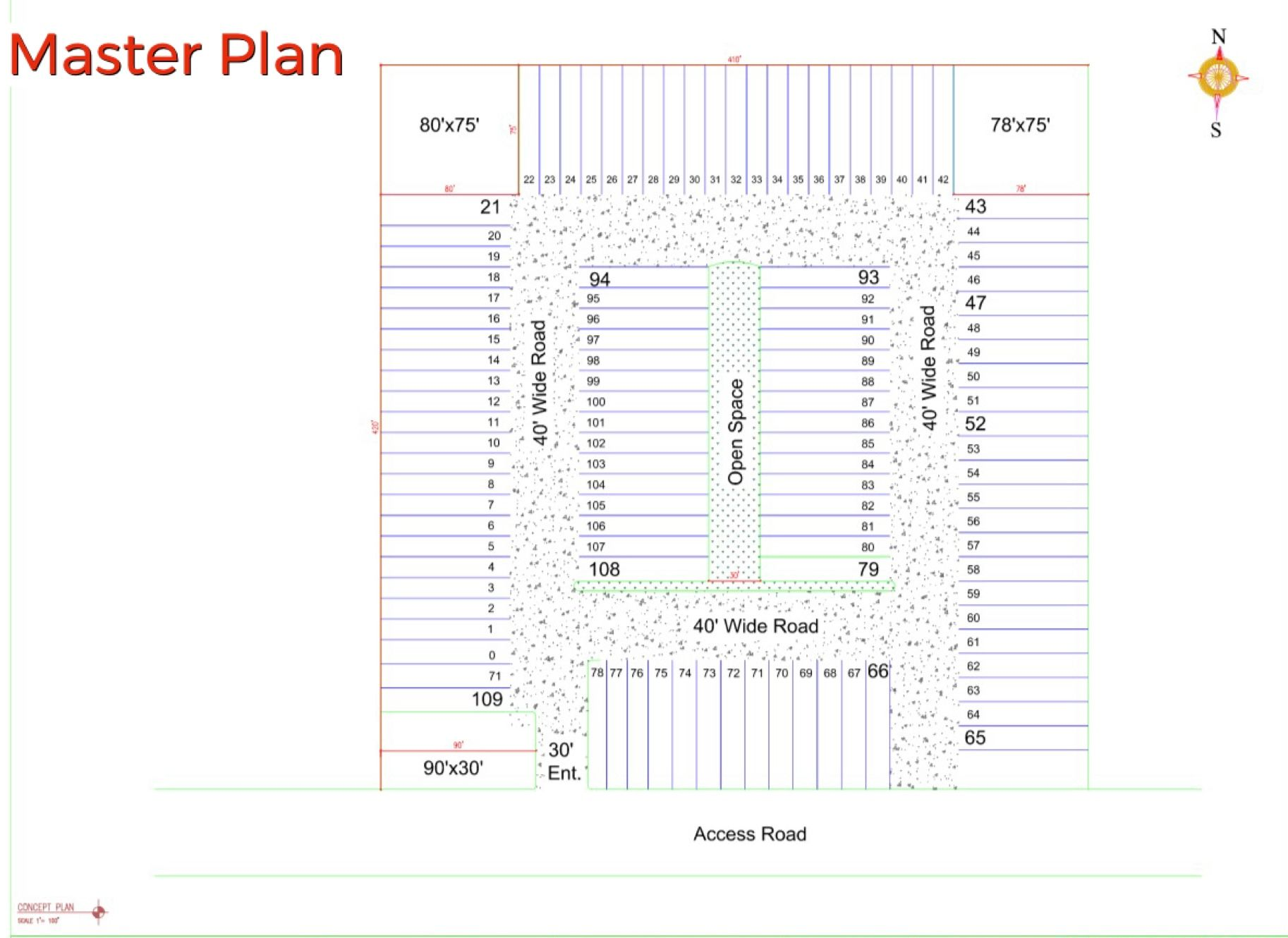Master plan for a building complex, with buildings surrounding open spaces and roads.