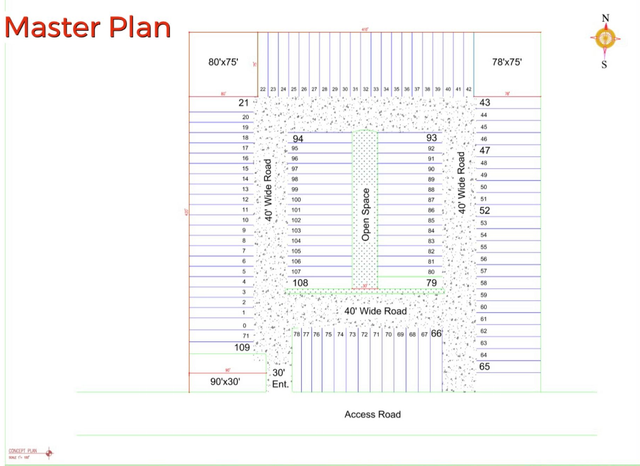 Master plan for a building complex, with buildings surrounding open spaces and roads.