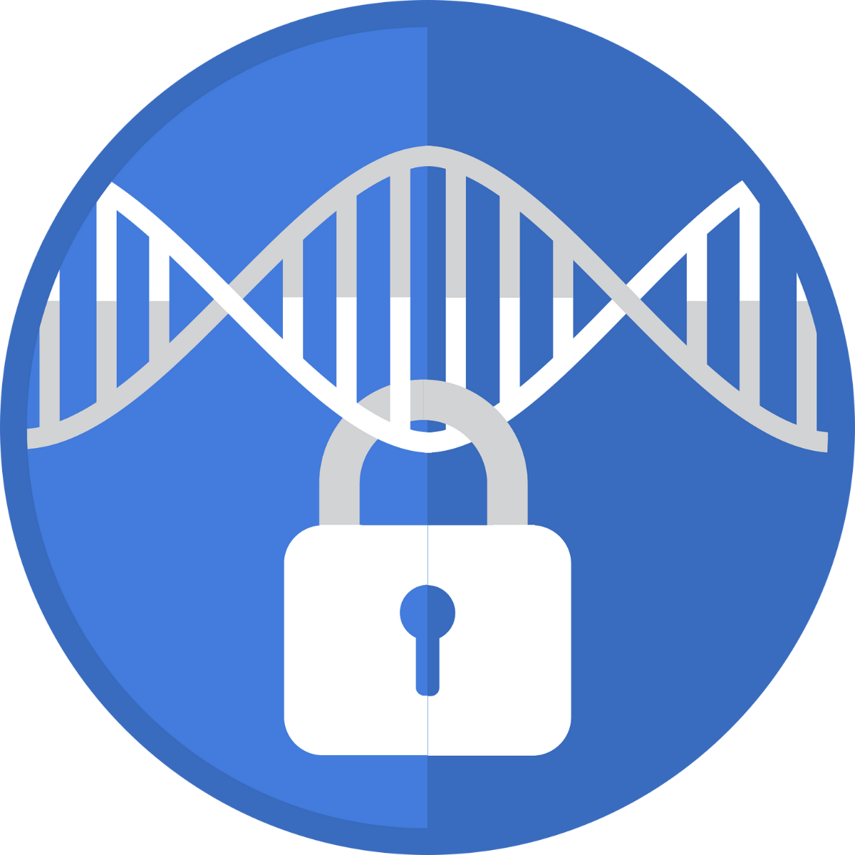 Blue circle with a DNA strand and a padlock.