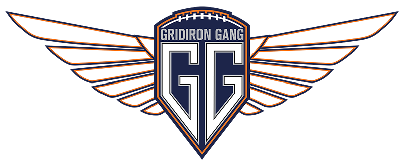 Griddiron Gang logo with blue shield, white wings, and orange outline
