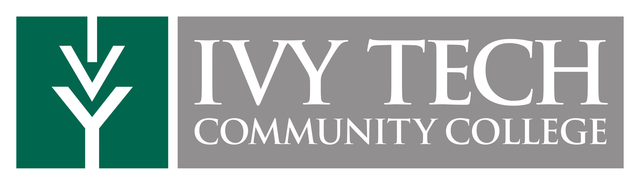 Ivy Tech Community College logo with green emblem and white text on gray background