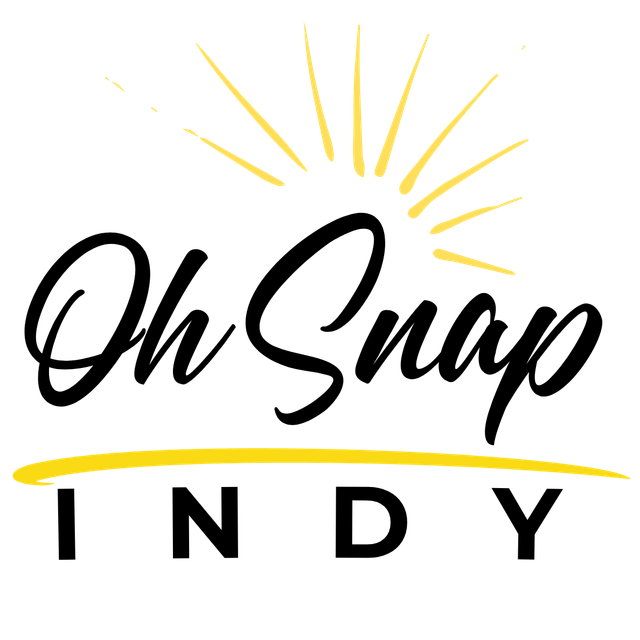Oh Snap Indy logo with black script, yellow sunburst, and yellow line over bold black letters