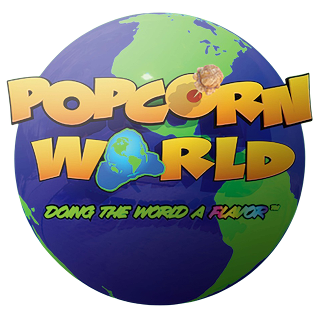 Popcorn World logo on a colorful globe with the slogan “Doing the world a flavor”