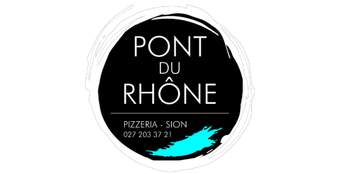 Le logo de la pizzeria pont du rhone est un cercle noir avec un coup de pinceau bleu dessus. www.pontdurhone.ch
