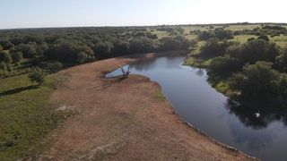 An aerial view of a river surrounded by trees and grass.