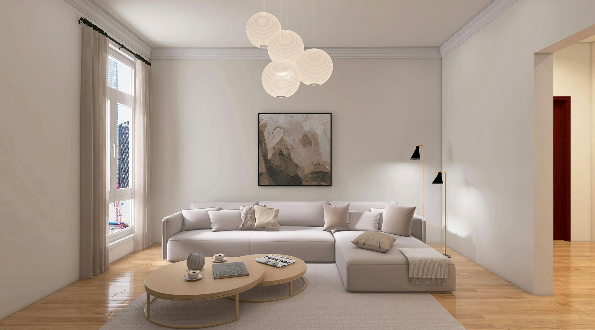 Living room with neutral tones, large sectional sofa, two coffee tables, and a large window.