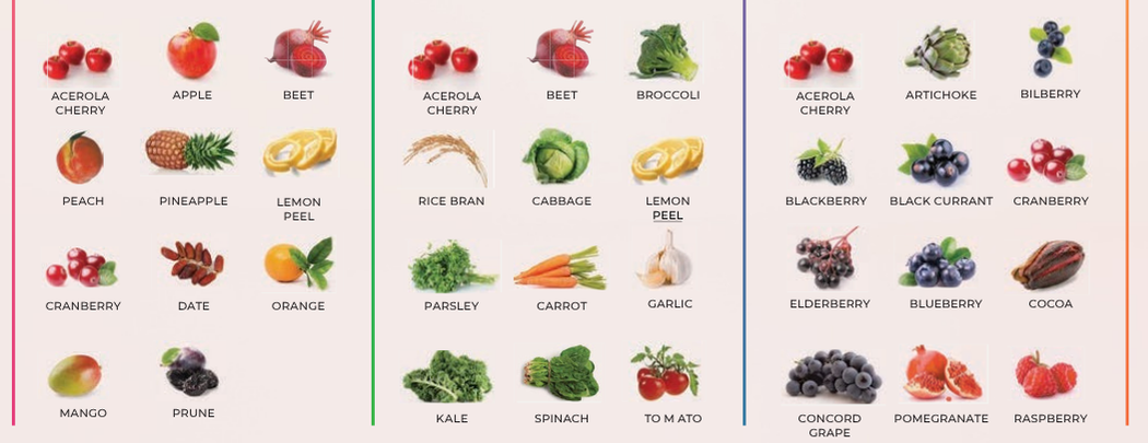 Fruits and vegetables arranged in columns by color. Fruits and vegetables arranged in columns by color.