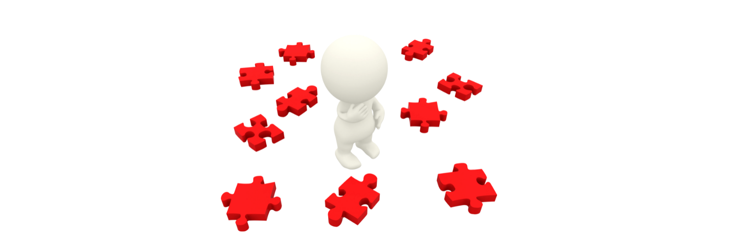 A 3d man is surrounded by red puzzle pieces.