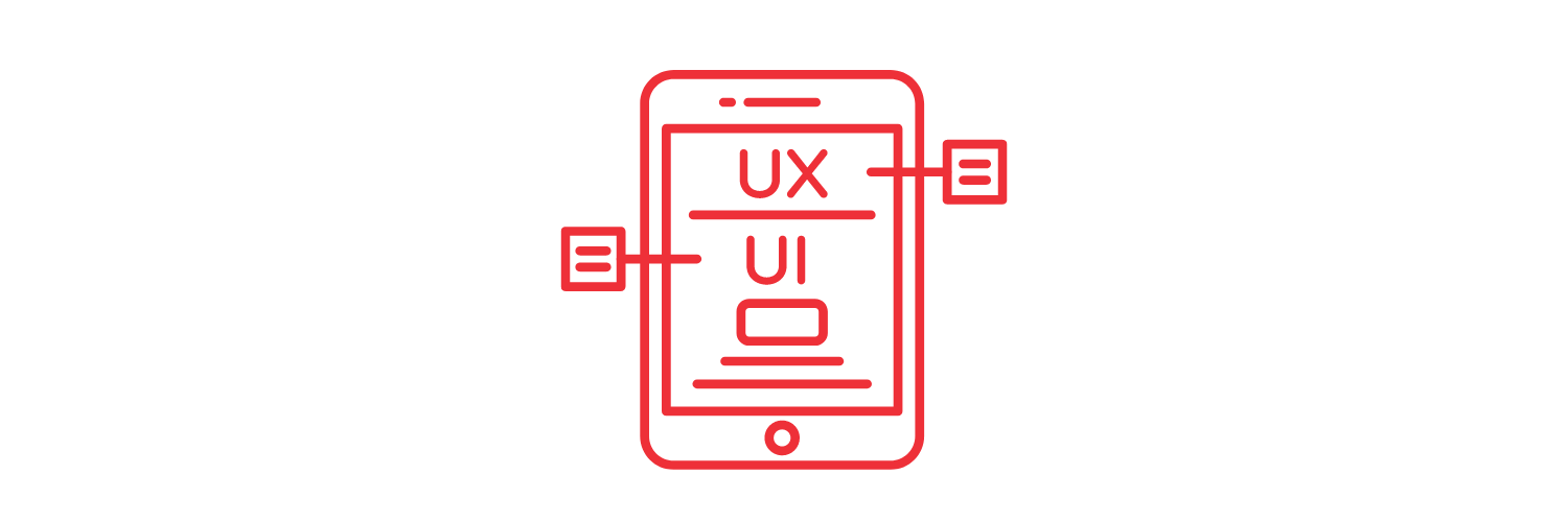 A red icon of a cell phone with the words ux and ui on it.