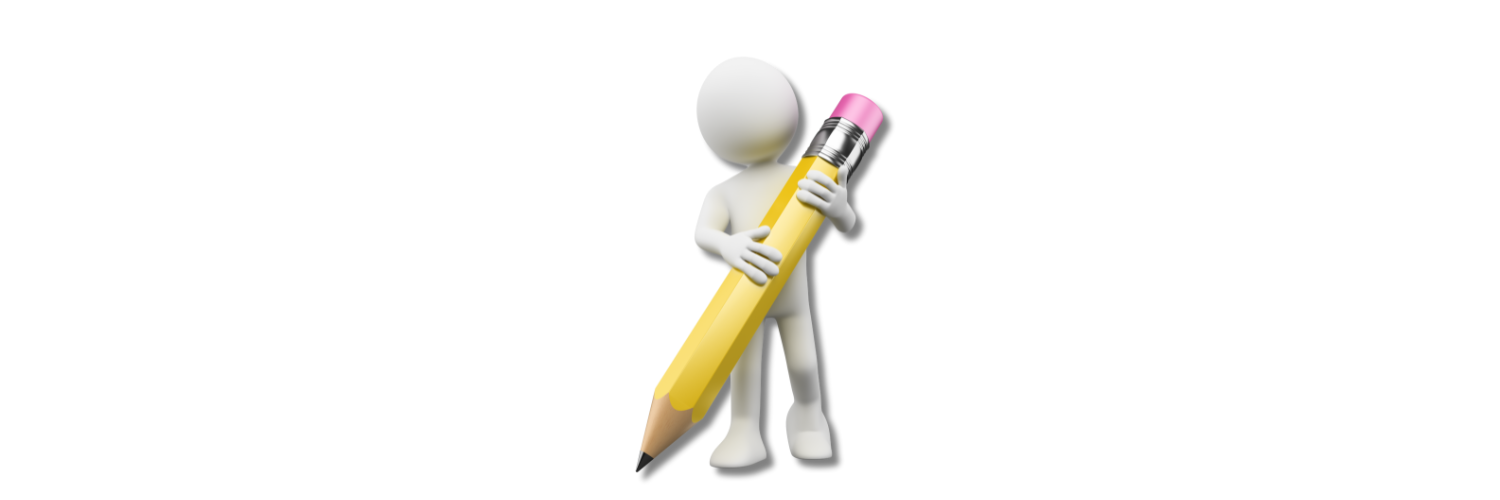 A 3d man is holding a large yellow pencil with a pink eraser.