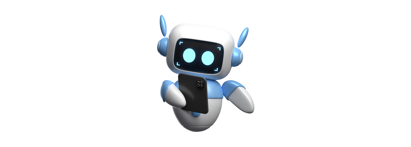 A white and blue robot is holding a cell phone.