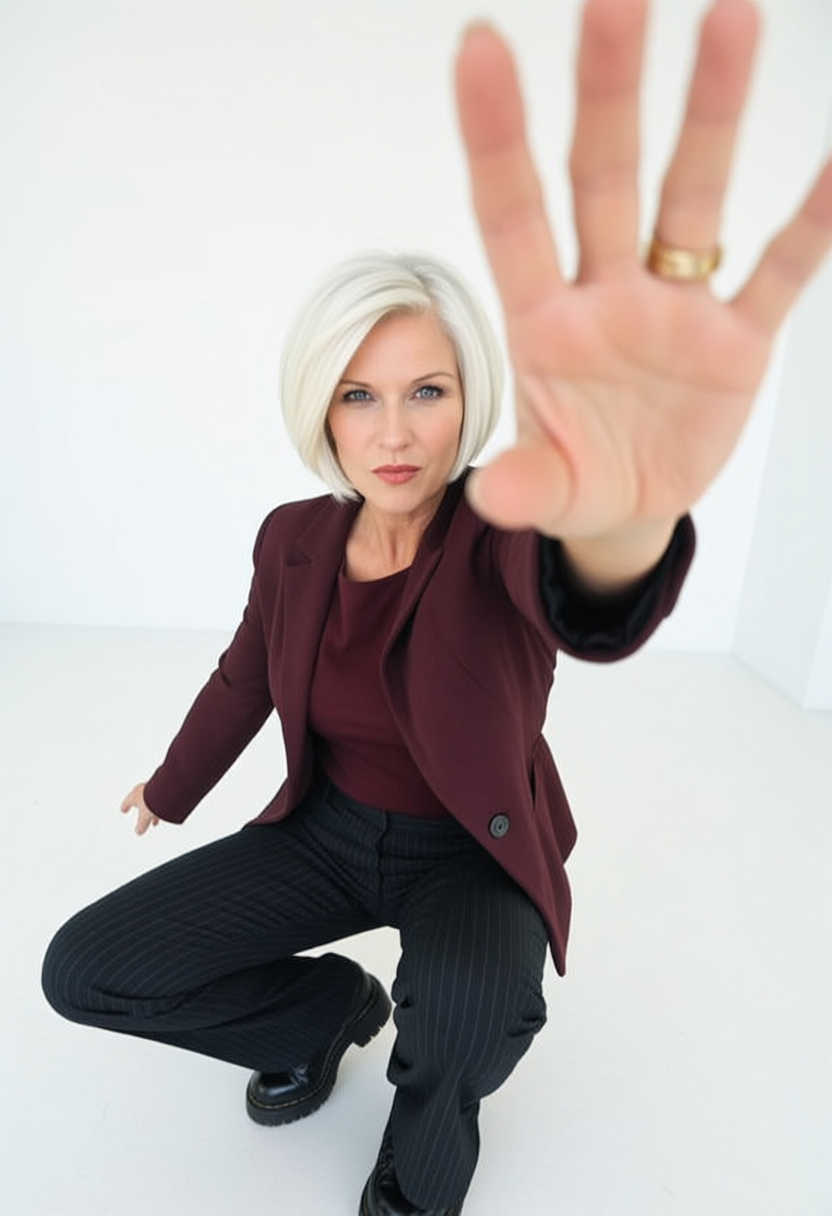 Shelly Bouse in blazer and striped pants, reaching towards camera with open hand, against a white backdrop.