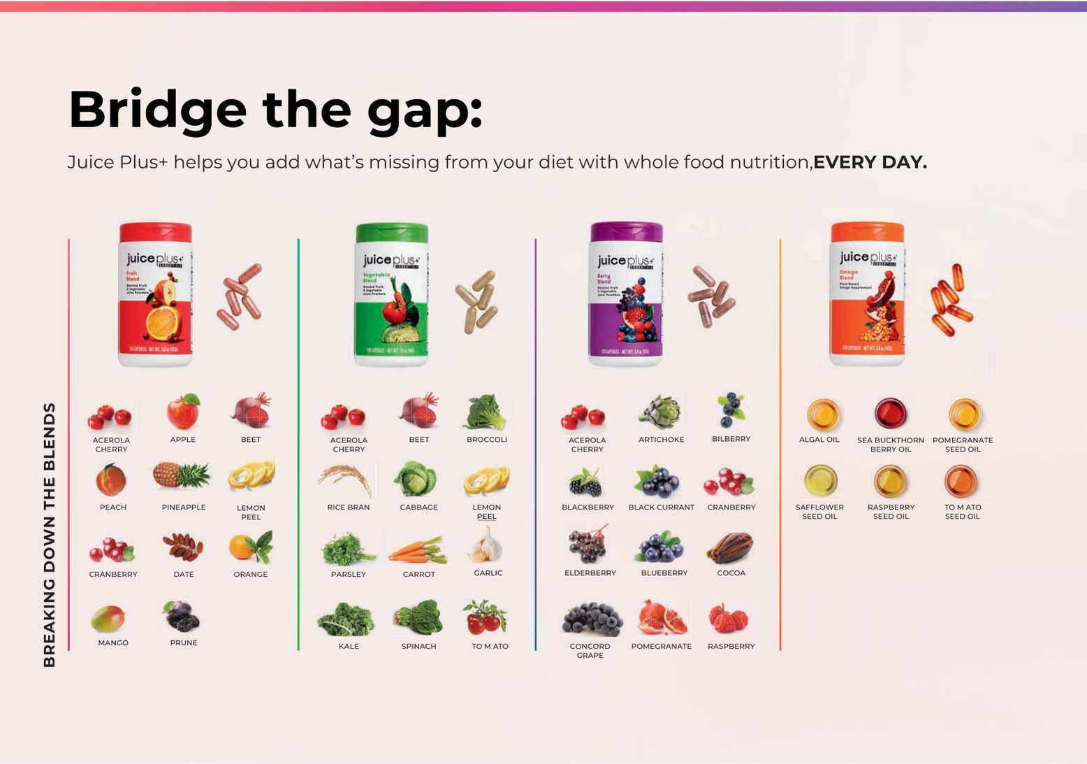 Infographic showing fruit and vegetables next to four juice powder containers in red, green, purple, and orange.