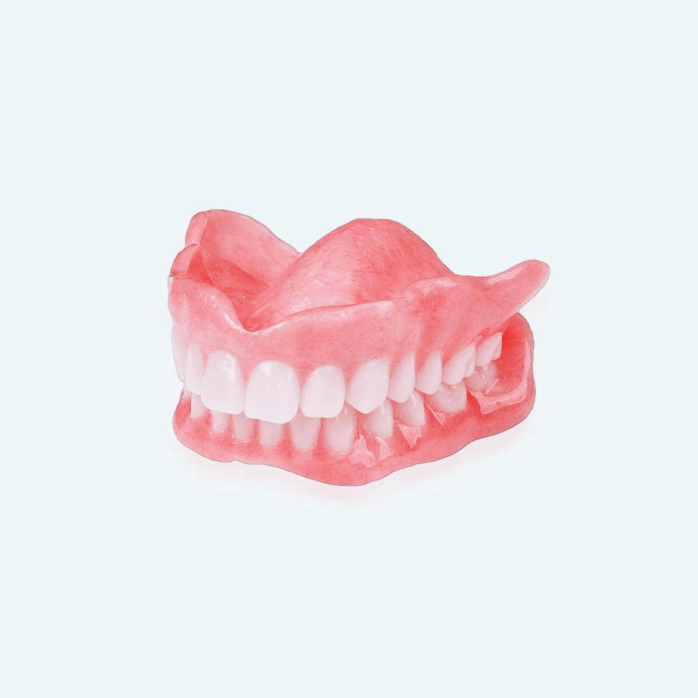 Full set of pink dentures with white teeth.