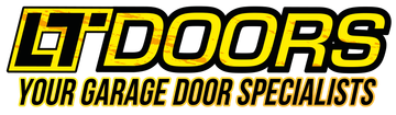 Logo for LT Doors, a garage door specialist company. Black text with yellow outline. Includes tagline.
