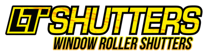 Logo for LT Shutters, yellow and black text, with "Window Roller Shutters" below.