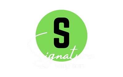 Green circle with a black "S," white handwritten "Signature" text.