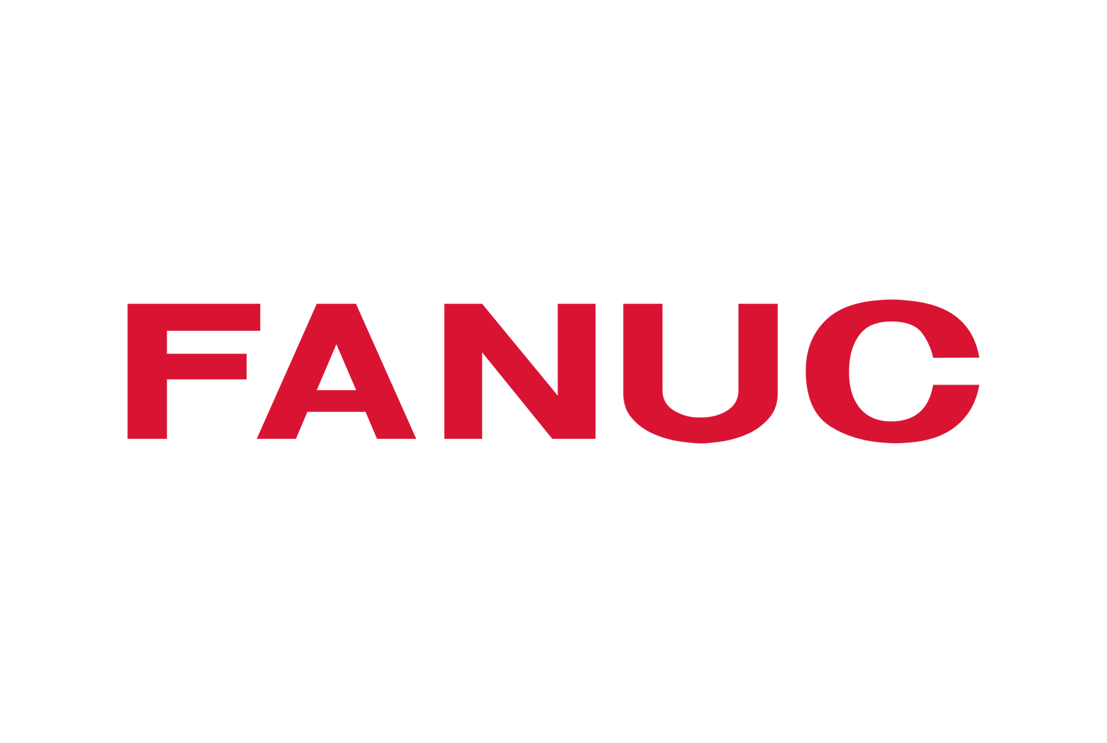 O logotipo da fanuc é vermelho sobre fundo branco.