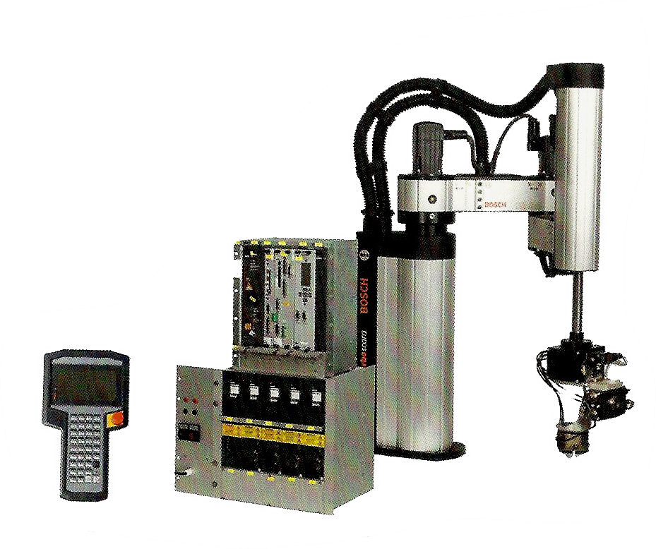 Um braço robótico com um controle remoto ao lado