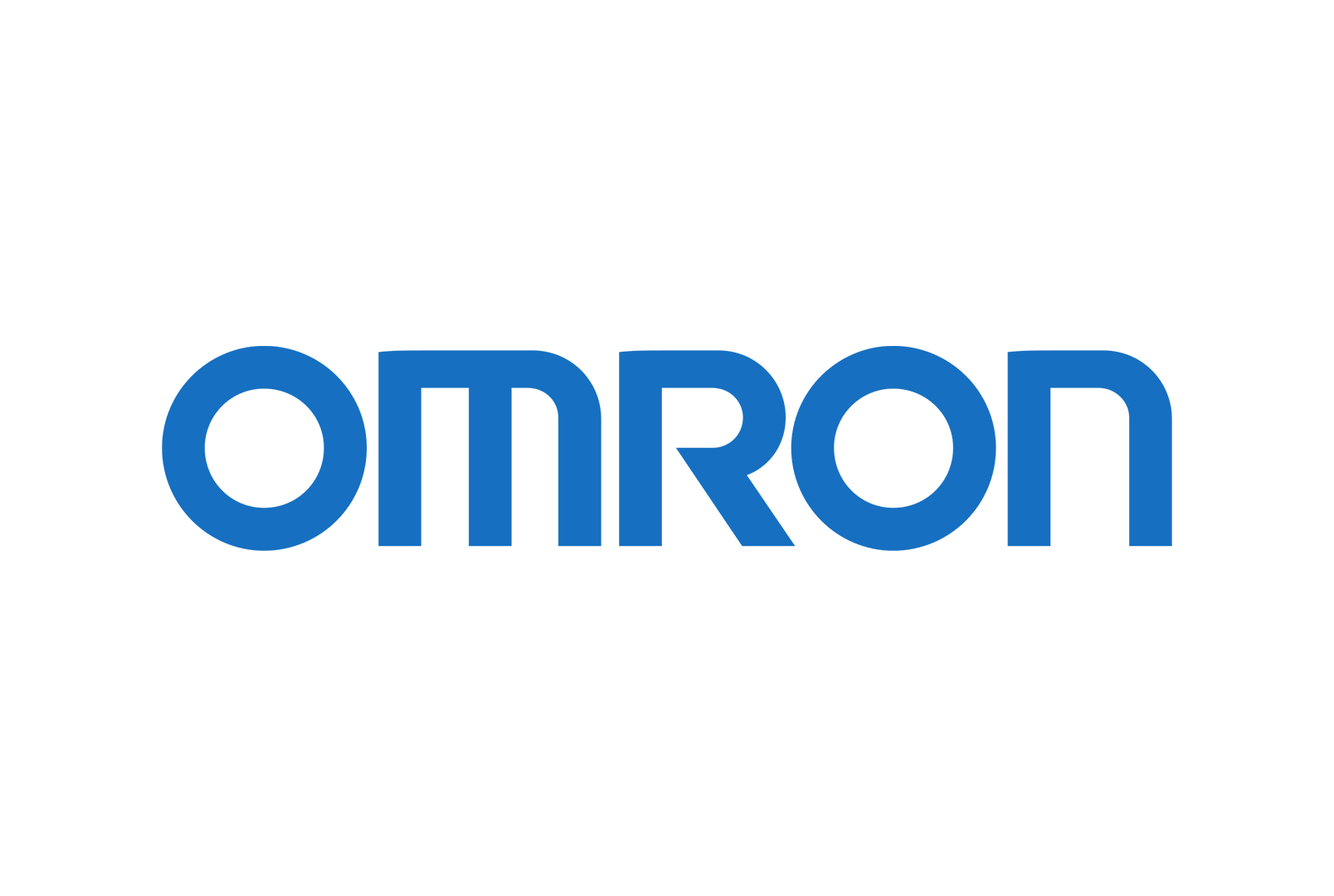 O logotipo da omron é azul e branco em um fundo branco.