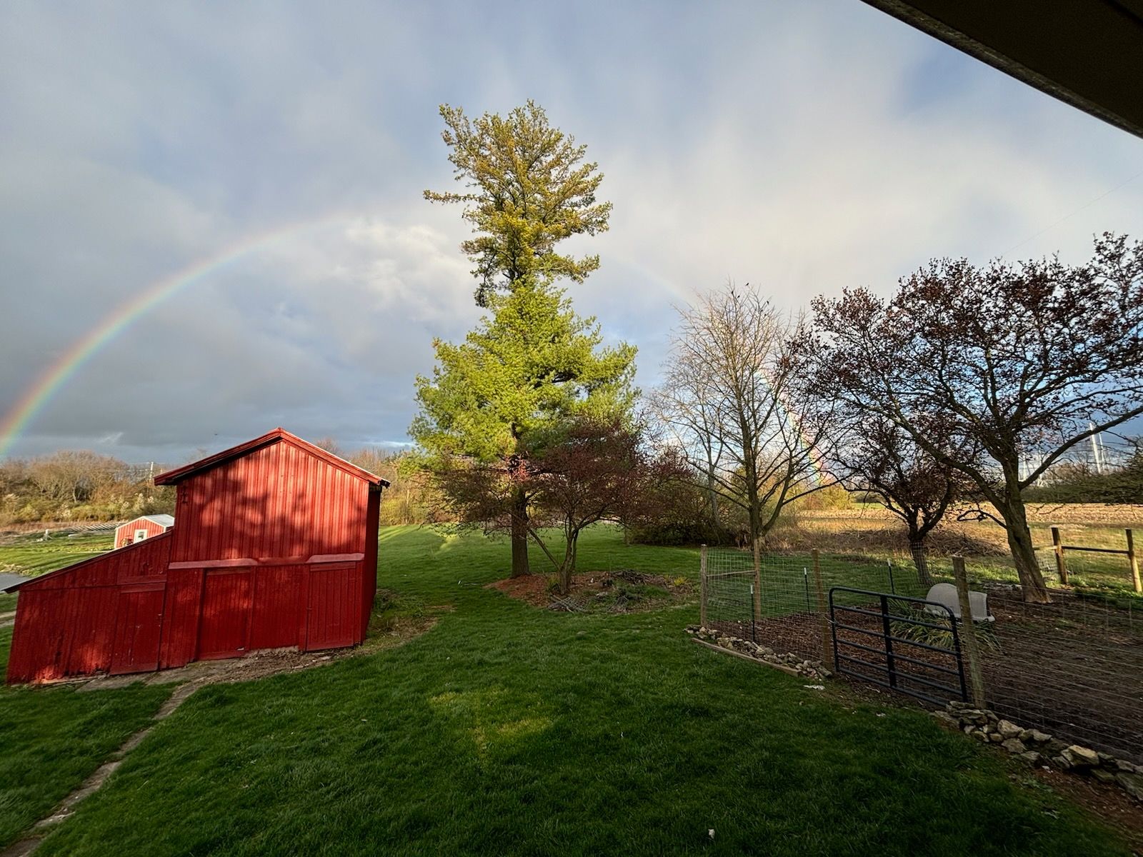 A red barn in a field with a rainbow in the sky.