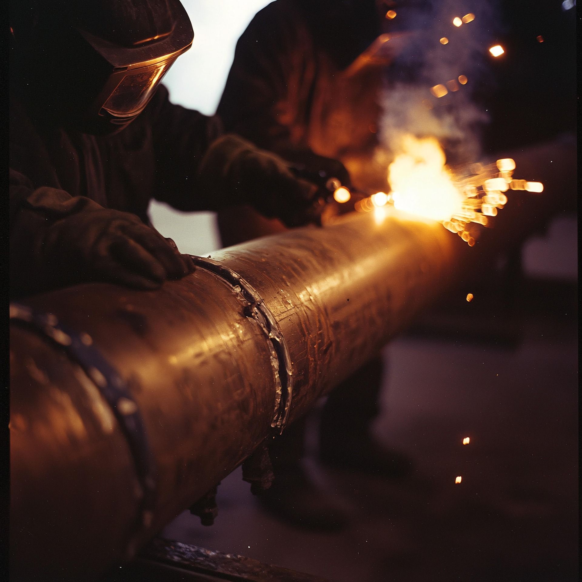 A person wearing a protective welding helmet and gloves welds a metal pipe, producing sparks and a bright glow.