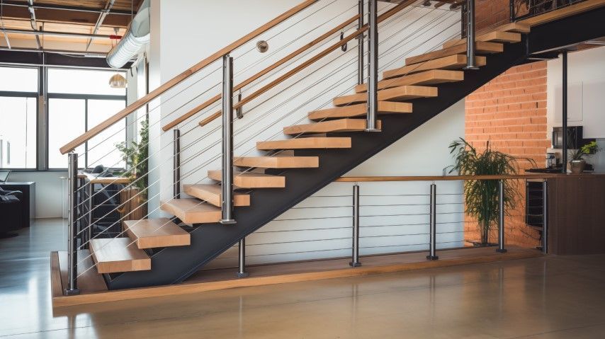 Wooden tread floating staircase in office with sleek steel railings