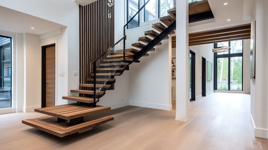 Staircase with wood treads and glass railing in bright interior
